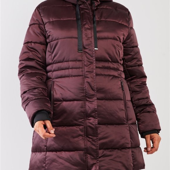 Wine Glossy Long Fitted Vegan Fur Hood Detail Wint - Picture 6 of 7